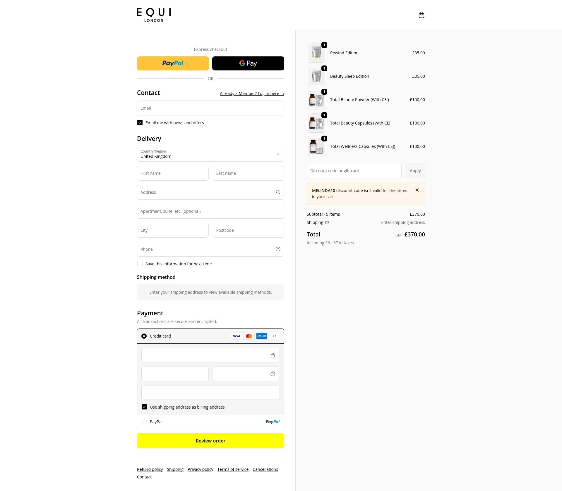 Equi London checkout page showing Equi London discount code box | Screenshot taken by SimplyCodes community member on Jan 6, 2026