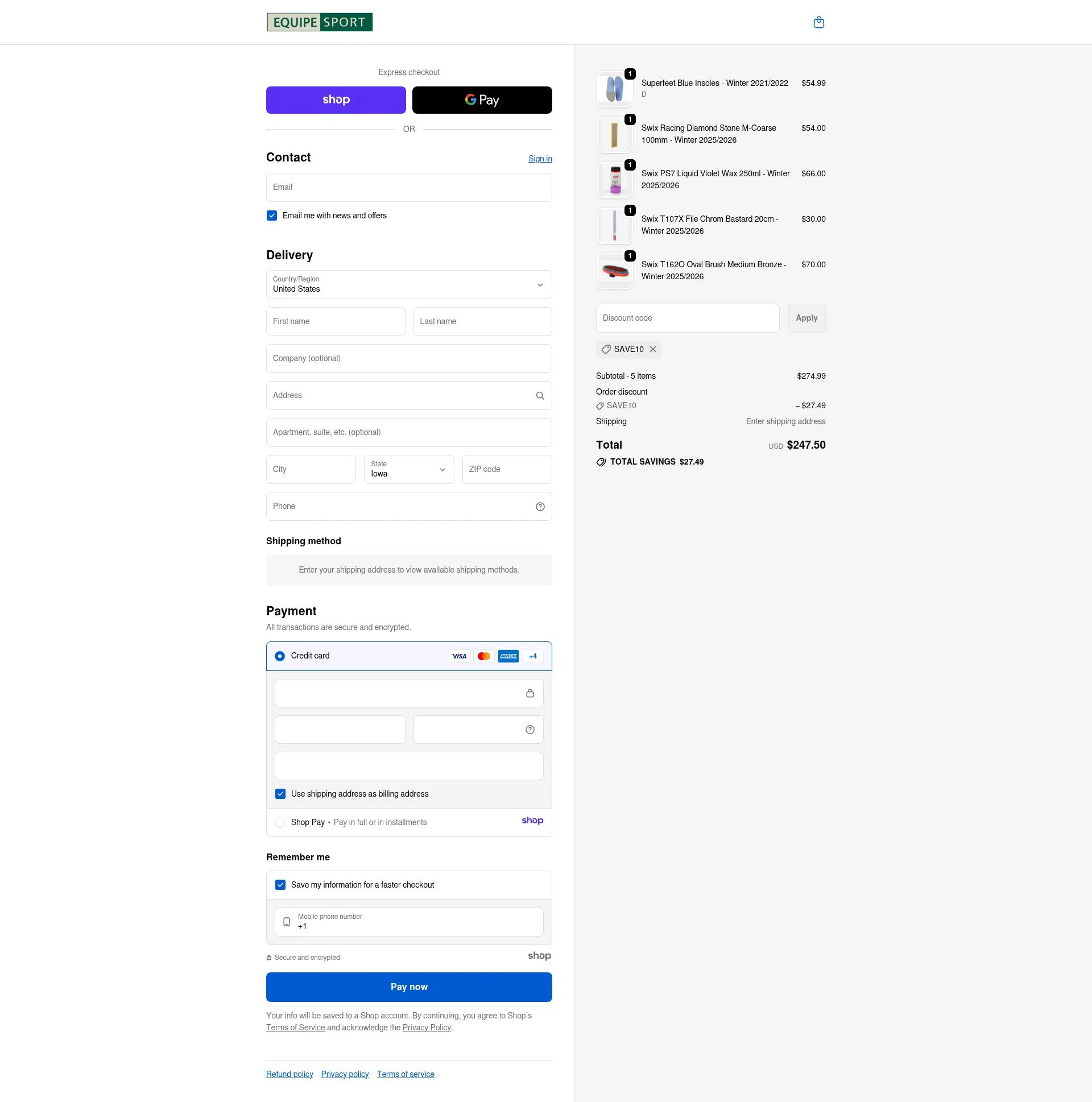 Equipe Sport checkout page showing Equipe Sport promo code box | Screenshot taken by SimplyCodes community member on Dec 13, 2025
