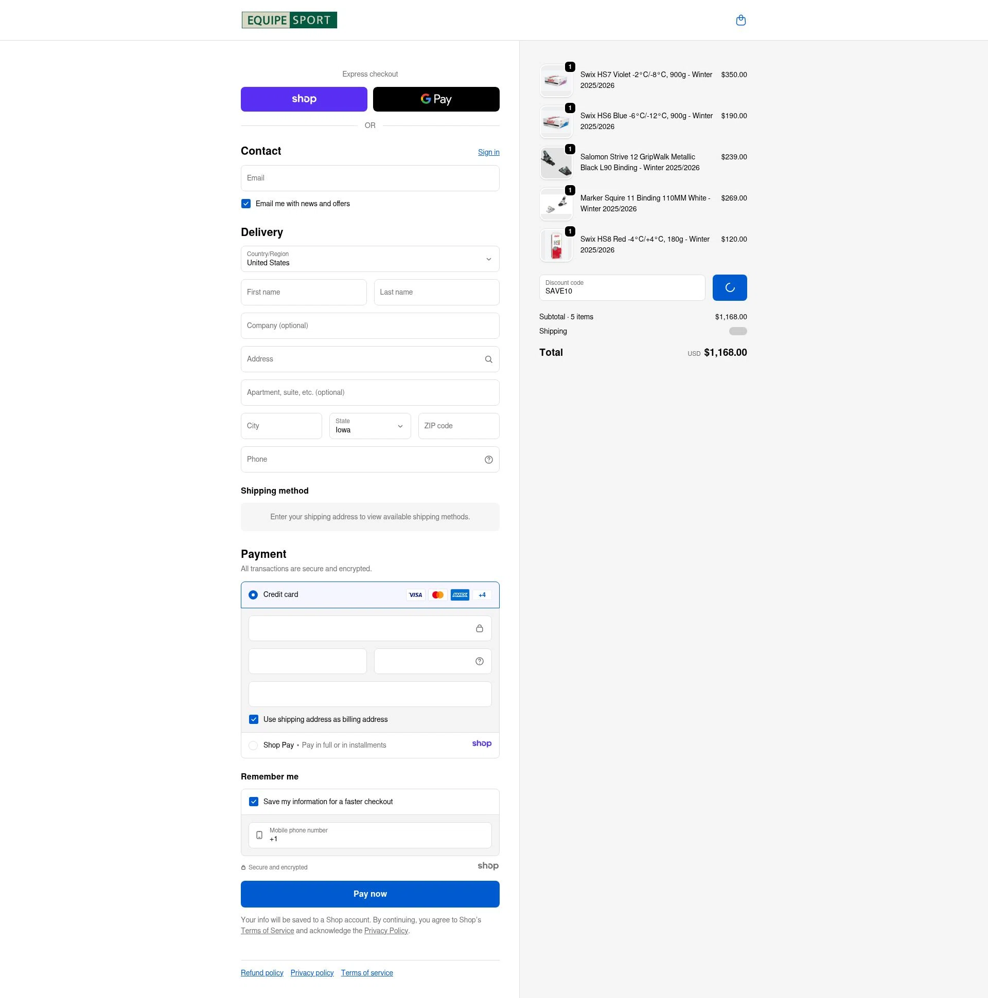 Equipe Sport checkout page showing Equipe Sport promo code box | Screenshot taken by SimplyCodes community member on Dec 20, 2025