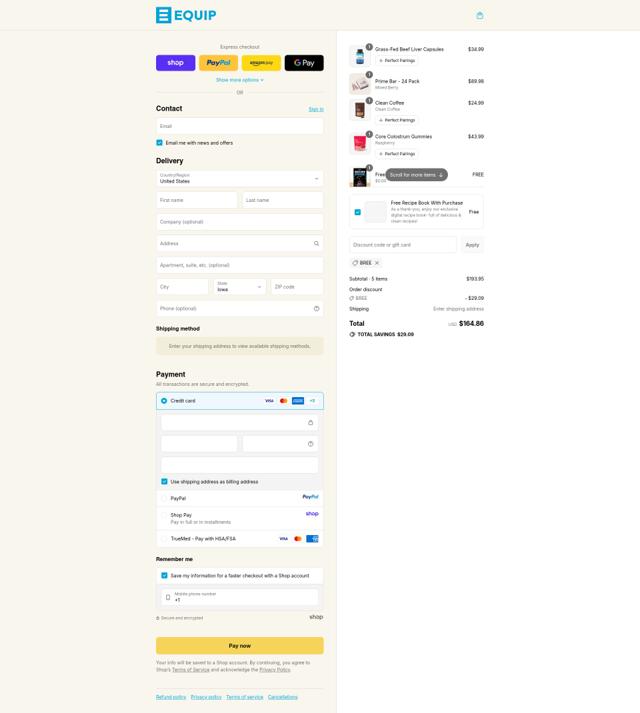 Equip Foods checkout page showing Equip Foods discount code box | Screenshot taken by SimplyCodes community member on Sep 12, 2025