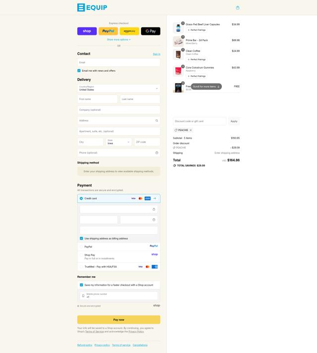Equip Foods checkout page showing Equip Foods discount code box | Screenshot taken by SimplyCodes community member on Sep 12, 2025