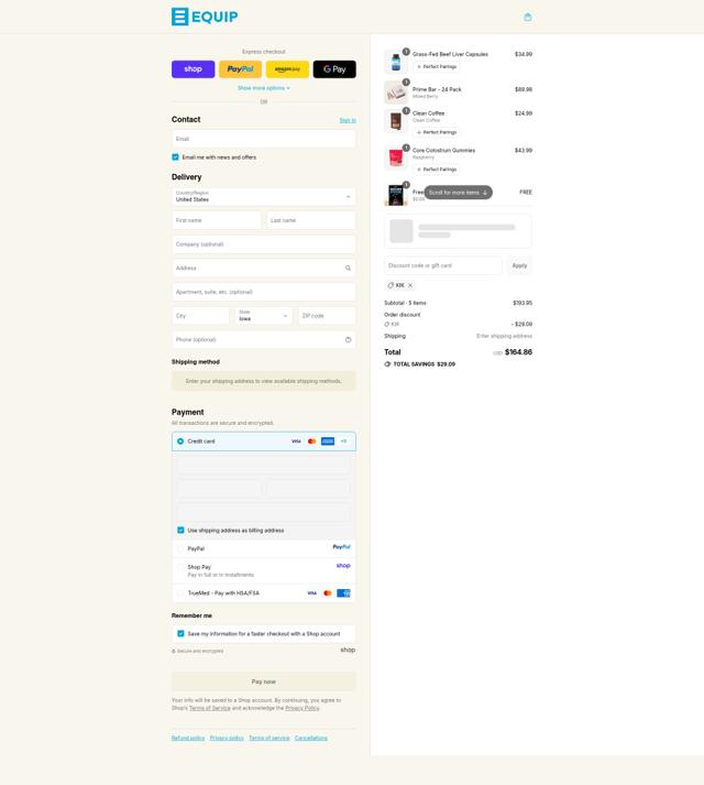 Equip Foods checkout page showing Equip Foods discount code box | Screenshot taken by SimplyCodes community member on Sep 12, 2025