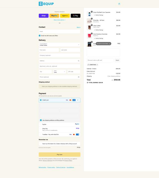 Equip Foods checkout page showing Equip Foods discount code box | Screenshot taken by SimplyCodes community member on Sep 12, 2025