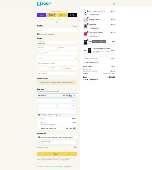 Equip Foods checkout page showing Equip Foods discount code box | Screenshot taken by SimplyCodes community member on Sep 12, 2025