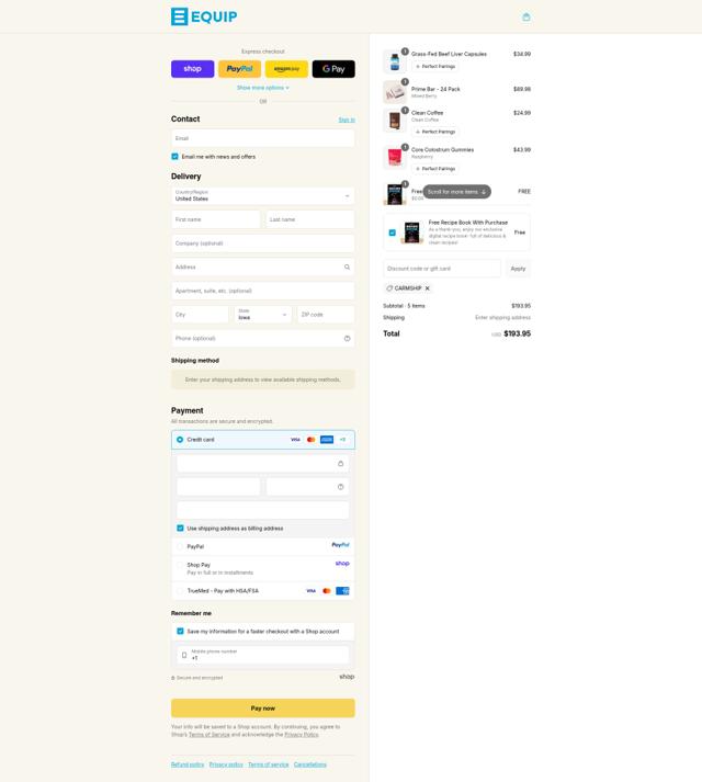 Equip Foods checkout page showing Equip Foods discount code box | Screenshot taken by SimplyCodes community member on Sep 12, 2025