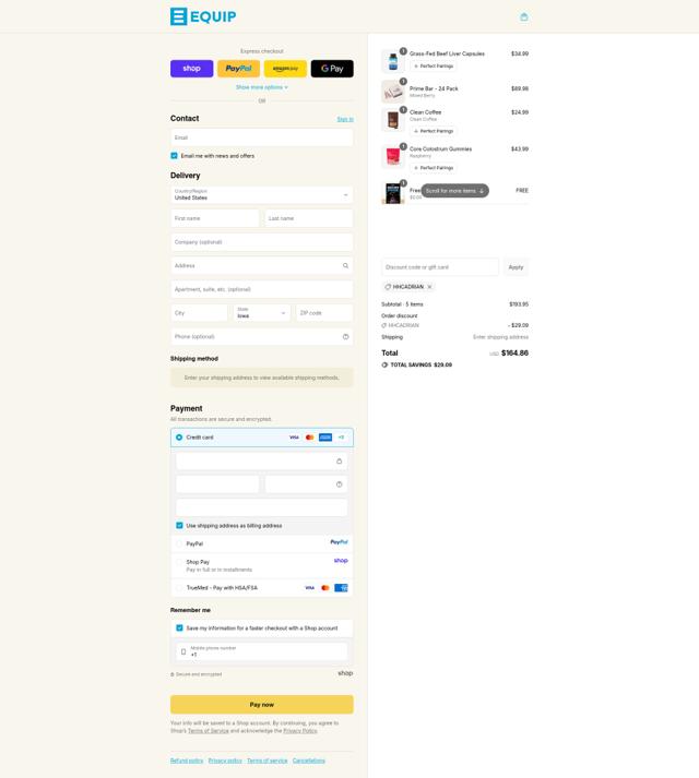 Equip Foods checkout page showing Equip Foods discount code box | Screenshot taken by SimplyCodes community member on Sep 12, 2025