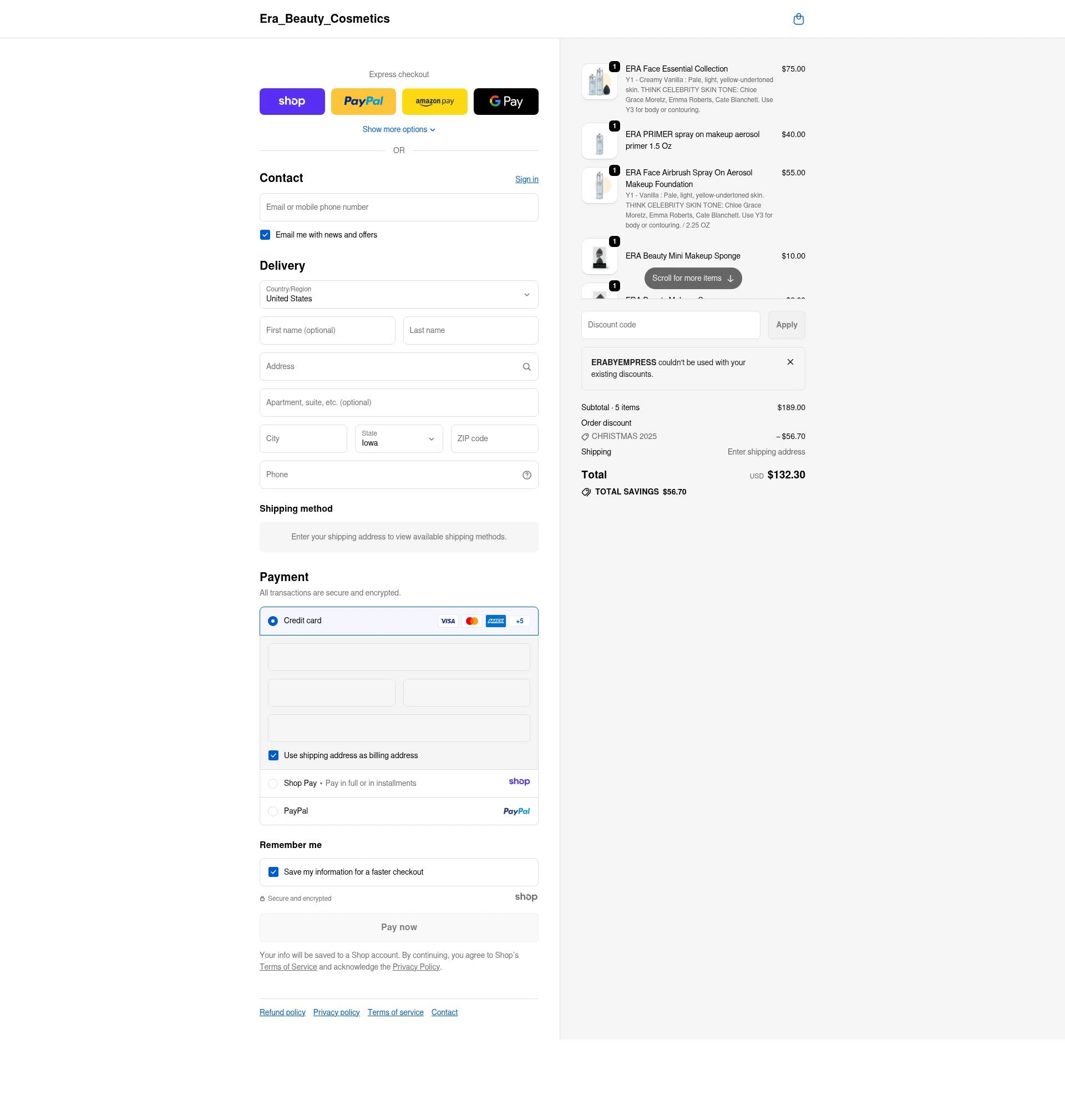 Era Beauty checkout page showing Era Beauty coupon code box | Screenshot taken by SimplyCodes community member on Dec 28, 2025