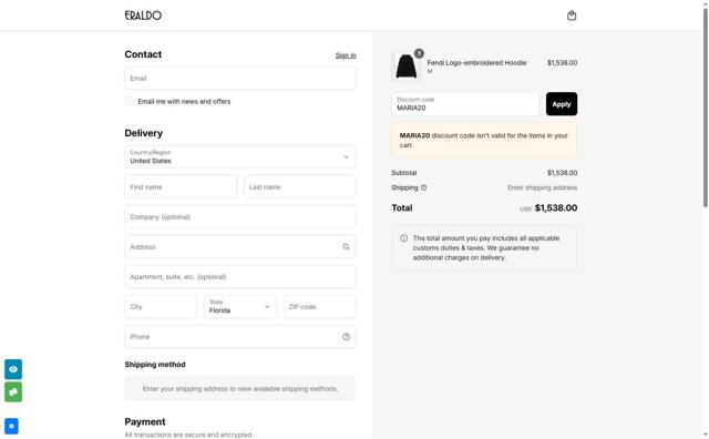 Eraldo checkout page showing Eraldo promo code box | Screenshot taken by SimplyCodes community member on Sep 14, 2025