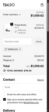 10ERALDO coupon verification screenshot