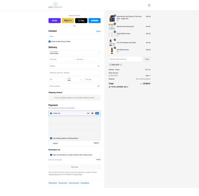 Era Organics checkout page showing Era Organics discount code box | Screenshot taken by SimplyCodes community member on Sep 15, 2025