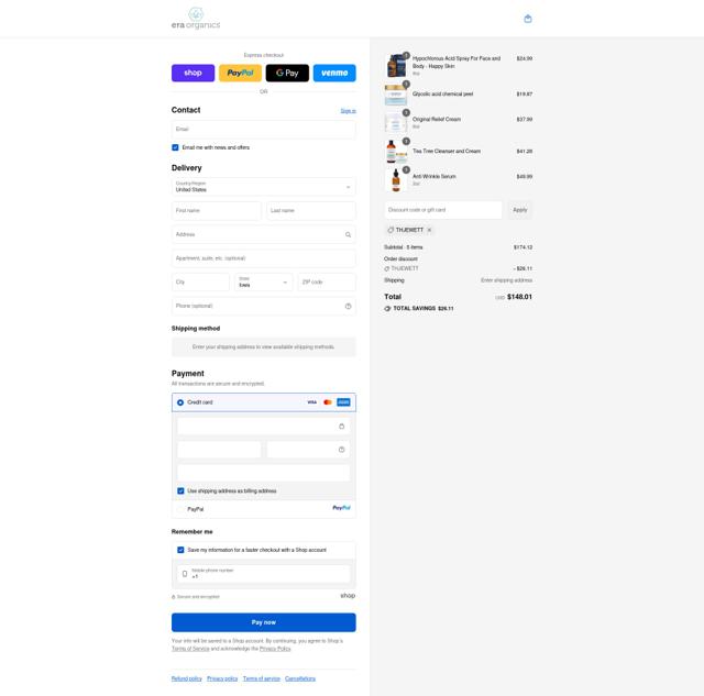 Era Organics checkout page showing Era Organics discount code box | Screenshot taken by SimplyCodes community member on Sep 15, 2025