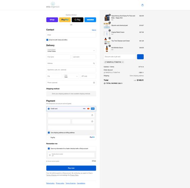 Era Organics checkout page showing Era Organics discount code box | Screenshot taken by SimplyCodes community member on Sep 15, 2025
