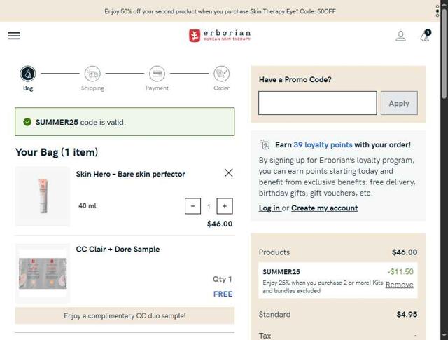 Erborian checkout page showing Erborian promo code box | Screenshot taken by SimplyCodes community member on Jul 15, 2025