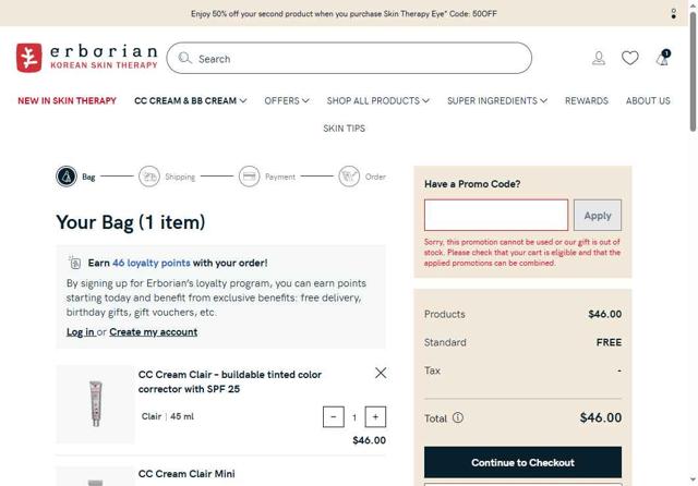 Erborian checkout page showing Erborian promo code box | Screenshot taken by SimplyCodes community member on Jul 7, 2025