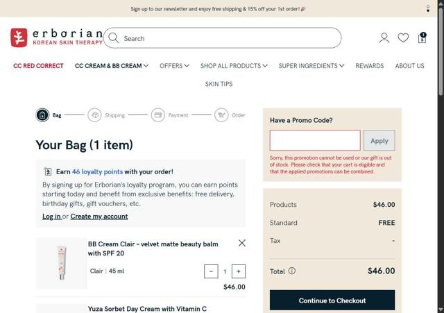 Erborian checkout page showing Erborian promo code box | Screenshot taken by SimplyCodes community member on Aug 13, 2025