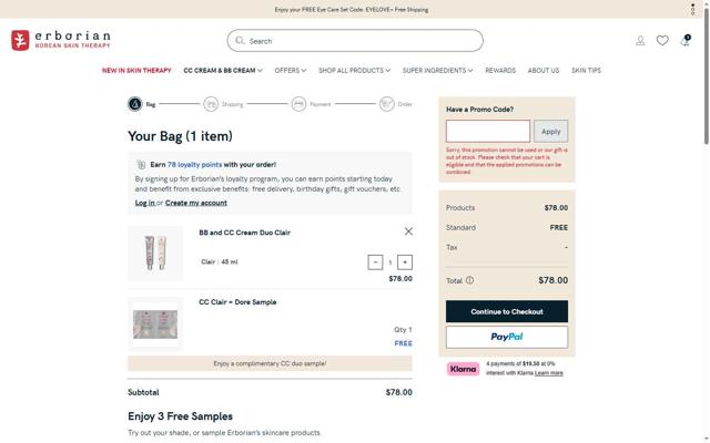 Erborian checkout page showing Erborian promo code box | Screenshot taken by SimplyCodes community member on Jul 13, 2025