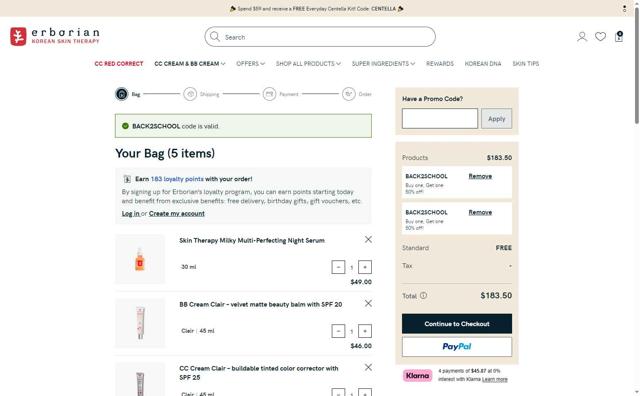Erborian checkout page showing Erborian promo code box | Screenshot taken by SimplyCodes community member on Aug 21, 2025