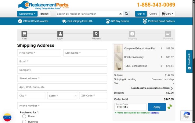 eReplacementParts.com checkout page showing eReplacementParts.com promo code box | Screenshot taken by SimplyCodes community member on Sep 3, 2025