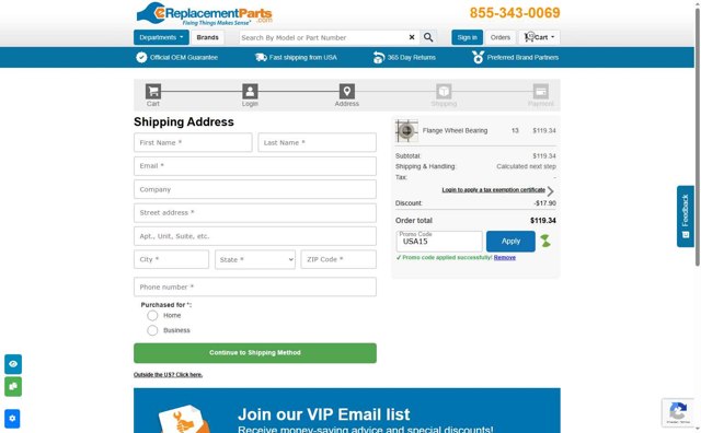 eReplacementParts.com checkout page showing eReplacementParts.com promo code box | Screenshot taken by SimplyCodes community member on Jun 25, 2025