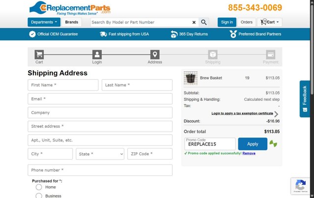 eReplacementParts.com checkout page showing eReplacementParts.com promo code box | Screenshot taken by SimplyCodes community member on Jul 14, 2025