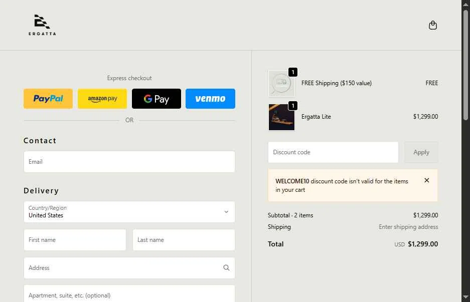 Ergatta checkout page showing Ergatta promo code box | Screenshot taken by SimplyCodes community member on Jan 28, 2026