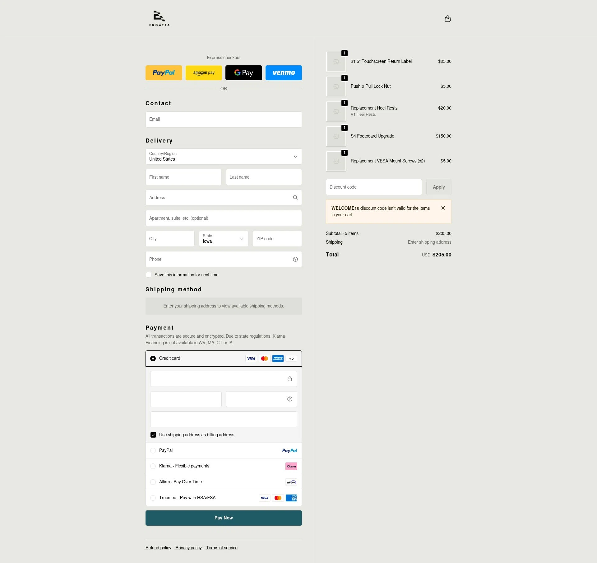 Ergatta checkout page showing Ergatta promo code box | Screenshot taken by SimplyCodes community member on Jan 8, 2026