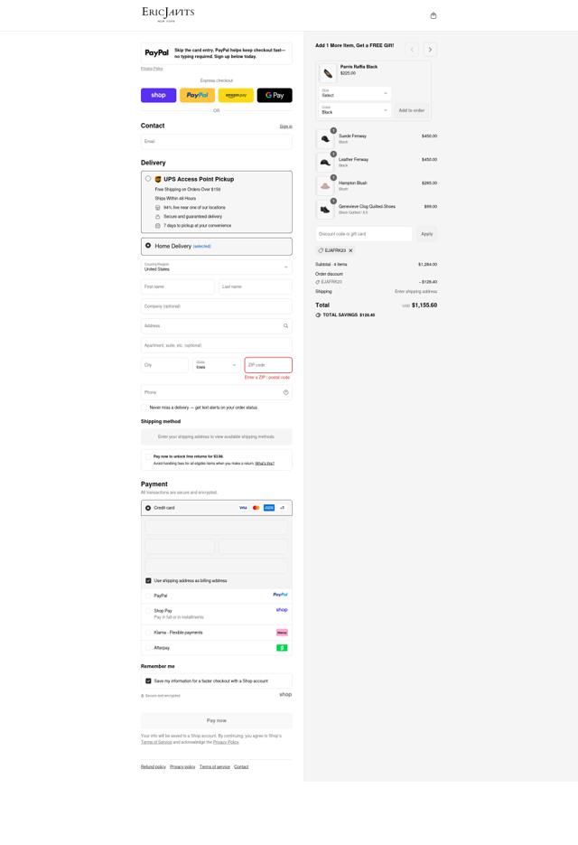 Eric Javits checkout page showing Eric Javits coupon code box | Screenshot taken by SimplyCodes community member on Sep 11, 2025