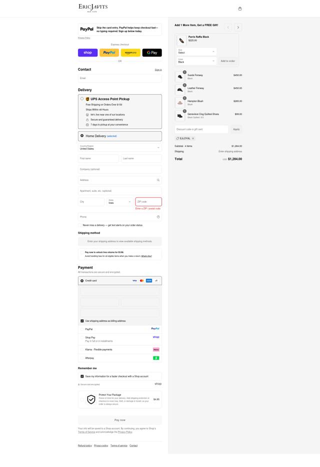 Eric Javits checkout page showing Eric Javits coupon code box | Screenshot taken by SimplyCodes community member on Sep 11, 2025