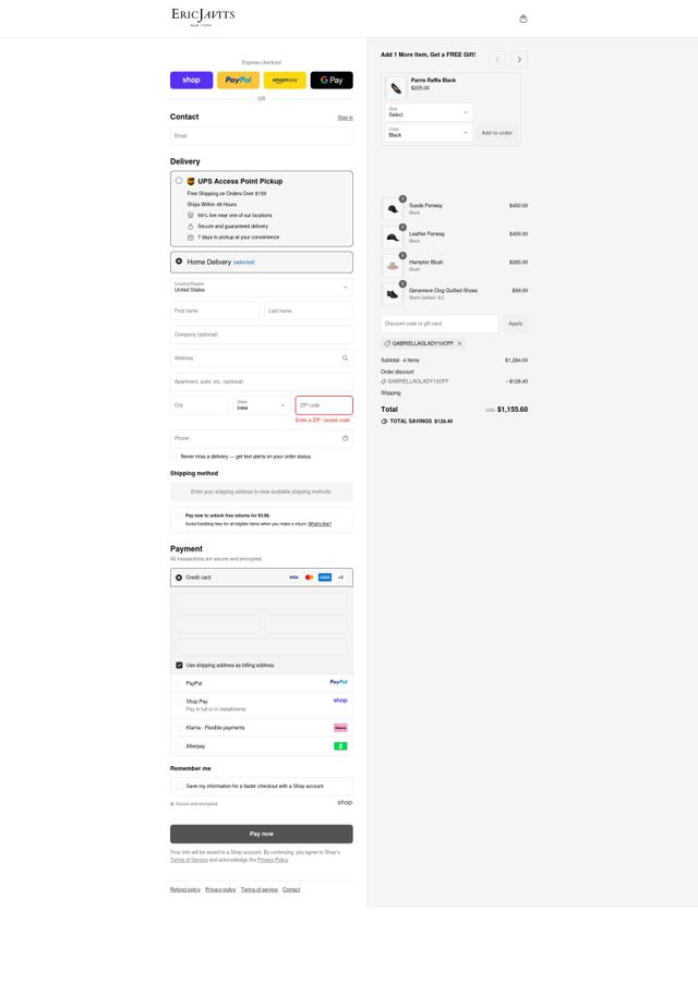 Eric Javits checkout page showing Eric Javits coupon code box | Screenshot taken by SimplyCodes community member on Sep 11, 2025