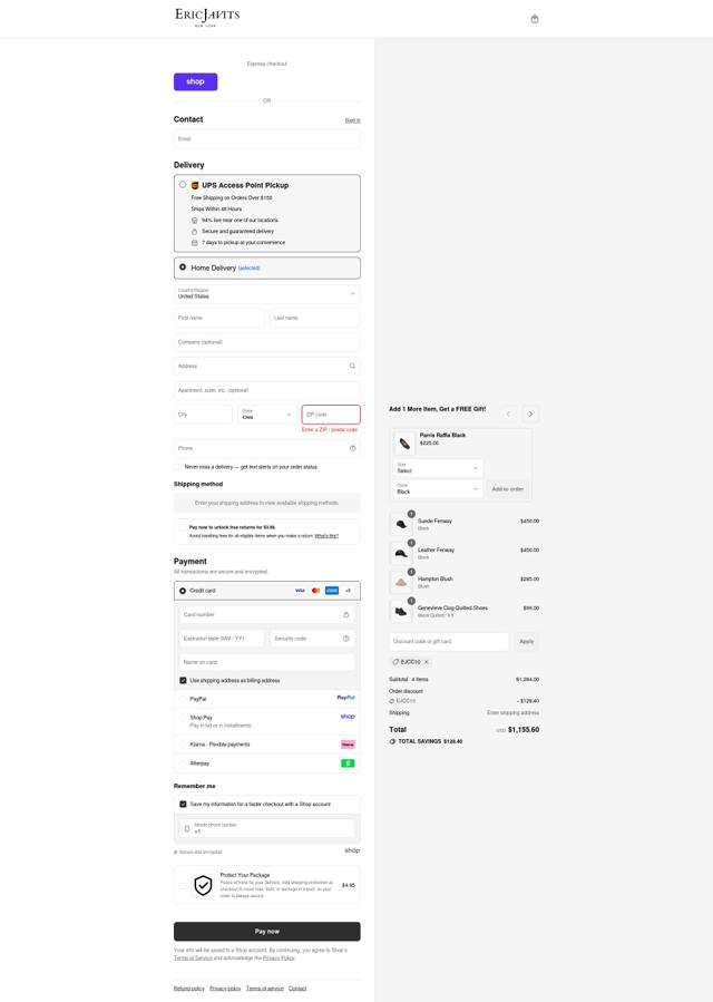 Eric Javits checkout page showing Eric Javits coupon code box | Screenshot taken by SimplyCodes community member on Sep 11, 2025