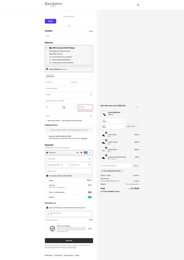Eric Javits checkout page showing Eric Javits coupon code box | Screenshot taken by SimplyCodes community member on Sep 11, 2025