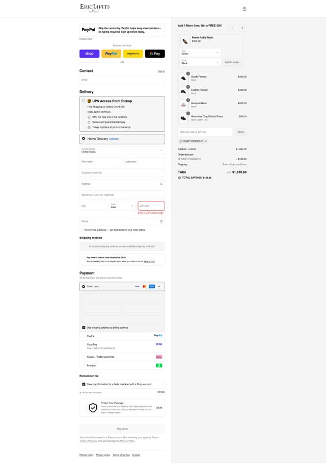Eric Javits checkout page showing Eric Javits coupon code box | Screenshot taken by SimplyCodes community member on Sep 11, 2025