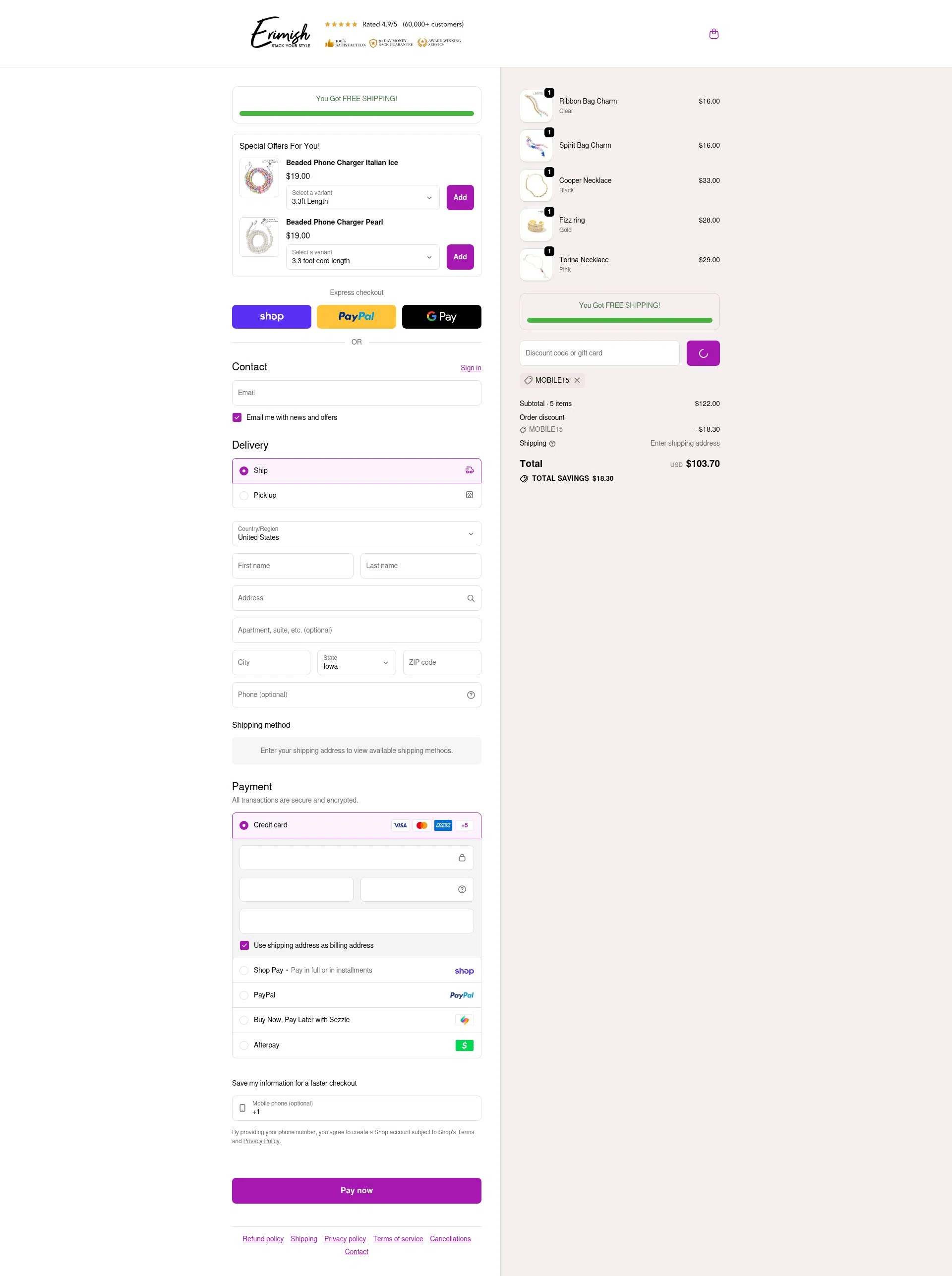 Erimish checkout page showing Erimish discount code box | Screenshot taken by SimplyCodes community member on Feb 16, 2026
