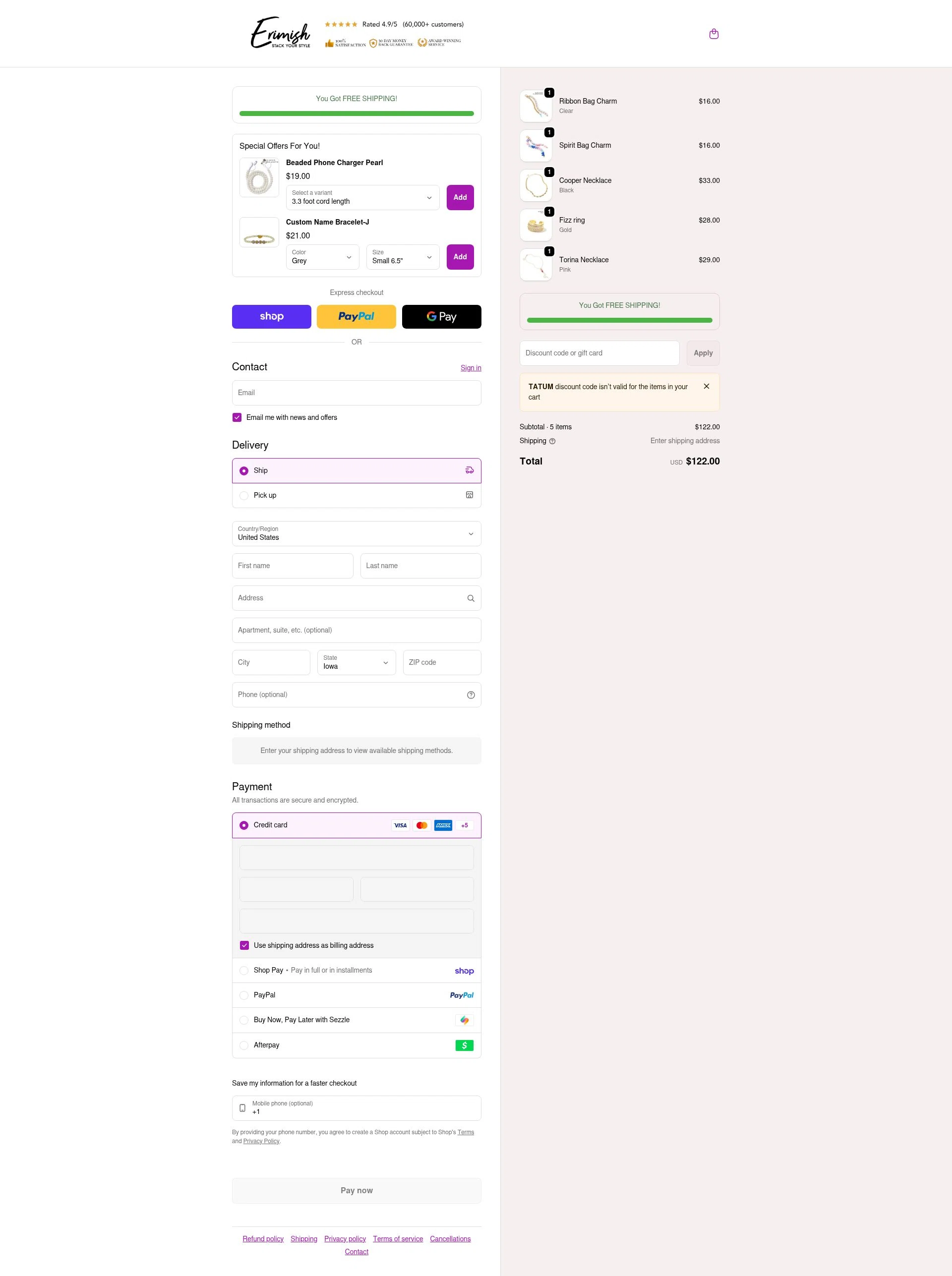 Erimish checkout page showing Erimish discount code box | Screenshot taken by SimplyCodes community member on Feb 16, 2026