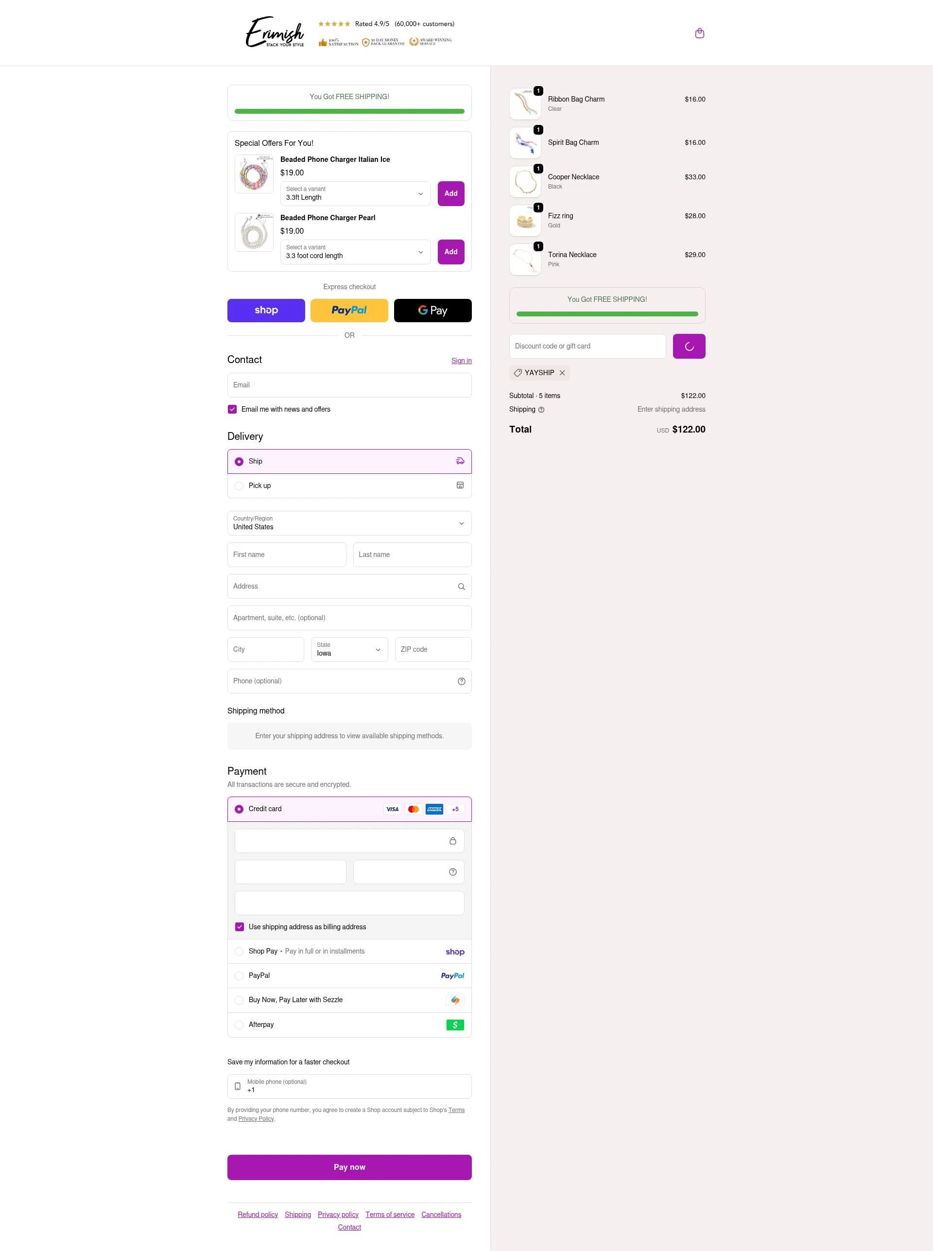 Erimish checkout page showing Erimish discount code box | Screenshot taken by SimplyCodes community member on Feb 16, 2026
