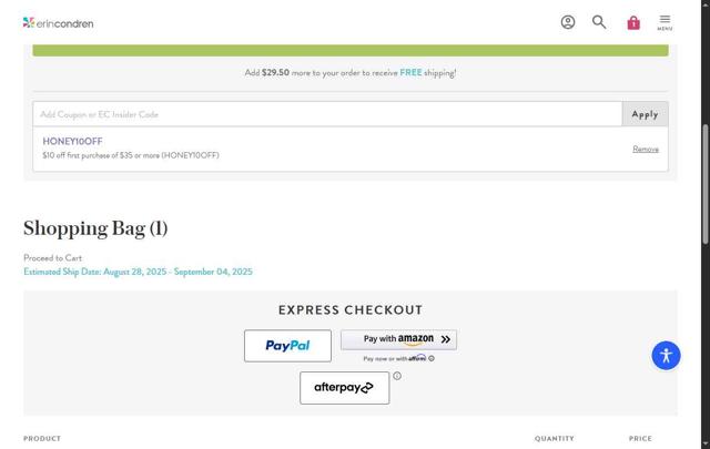 Erin Condren checkout page showing Erin Condren promo code box | Screenshot taken by SimplyCodes community member on Aug 15, 2025