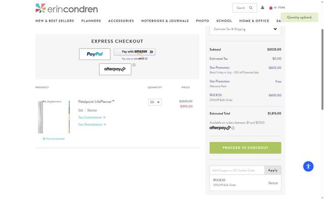 Erin Condren checkout page showing Erin Condren promo code box | Screenshot taken by SimplyCodes community member on Jul 22, 2025