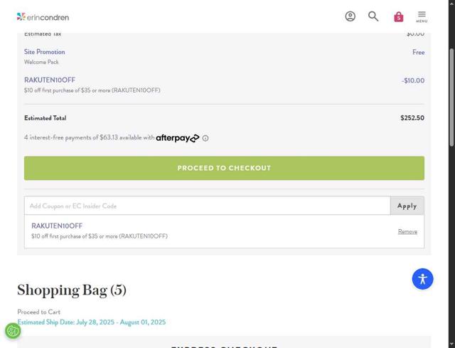 Erin Condren checkout page showing Erin Condren promo code box | Screenshot taken by SimplyCodes community member on Jul 14, 2025