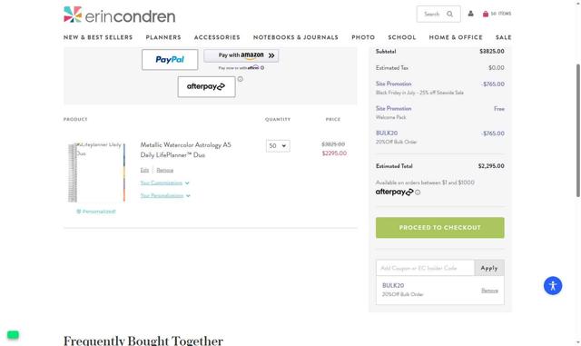 Erin Condren checkout page showing Erin Condren promo code box | Screenshot taken by SimplyCodes community member on Jul 22, 2025