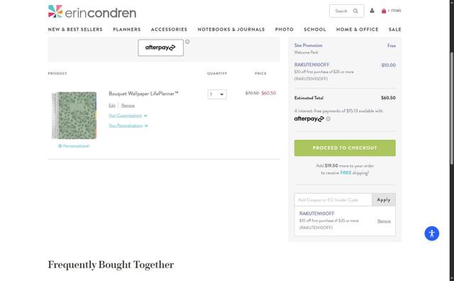 Erin Condren checkout page showing Erin Condren promo code box | Screenshot taken by SimplyCodes community member on Aug 17, 2025
