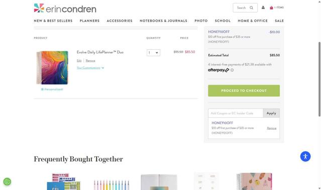 Erin Condren checkout page showing Erin Condren promo code box | Screenshot taken by SimplyCodes community member on Jul 15, 2025
