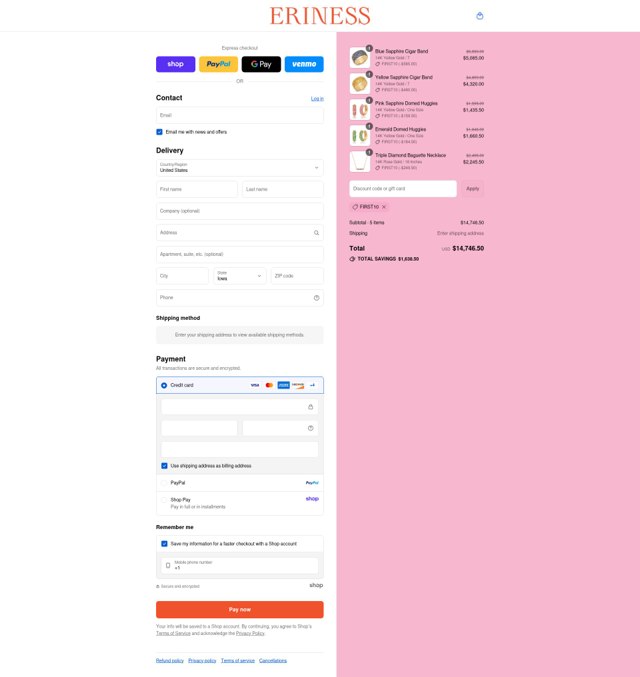 Eriness checkout page showing Eriness discount code box | Screenshot taken by SimplyCodes community member on Aug 30, 2025