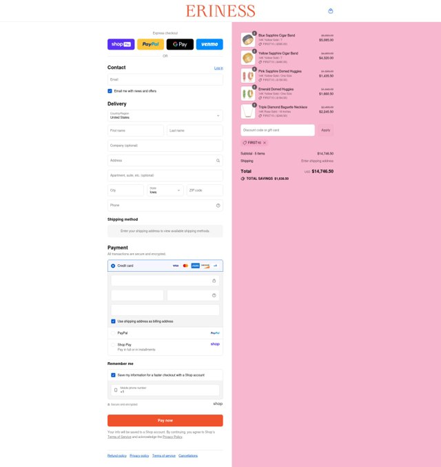 Eriness checkout page showing Eriness discount code box | Screenshot taken by SimplyCodes community member on Aug 21, 2025