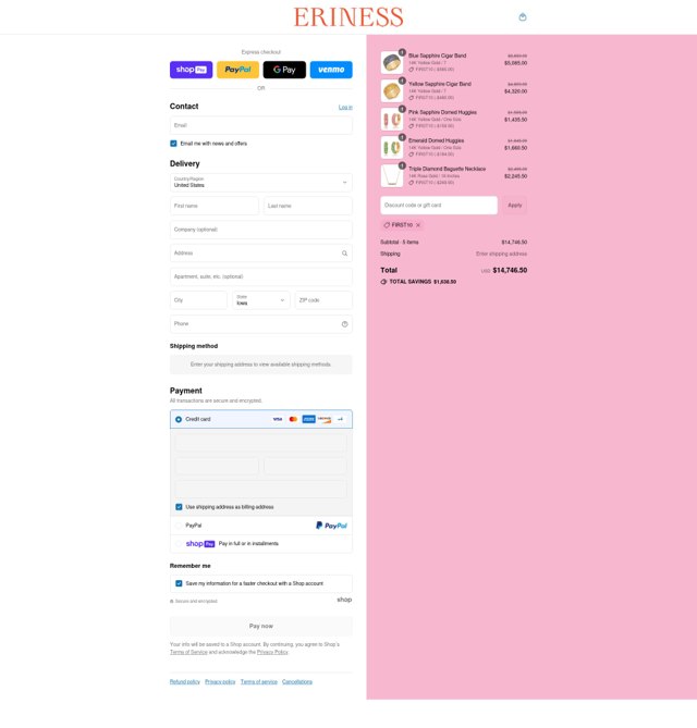 Eriness checkout page showing Eriness discount code box | Screenshot taken by SimplyCodes community member on Jul 31, 2025