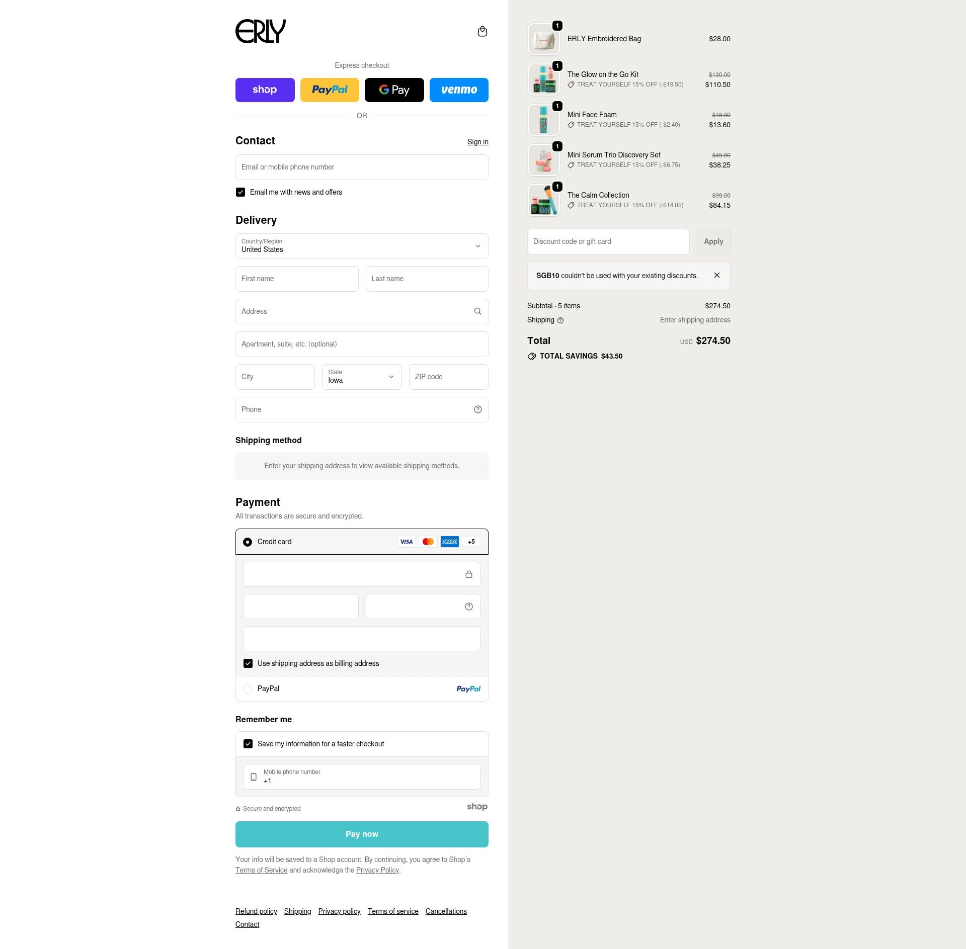 ERLY checkout page showing ERLY promo code box | Screenshot taken by SimplyCodes community member on Dec 28, 2025