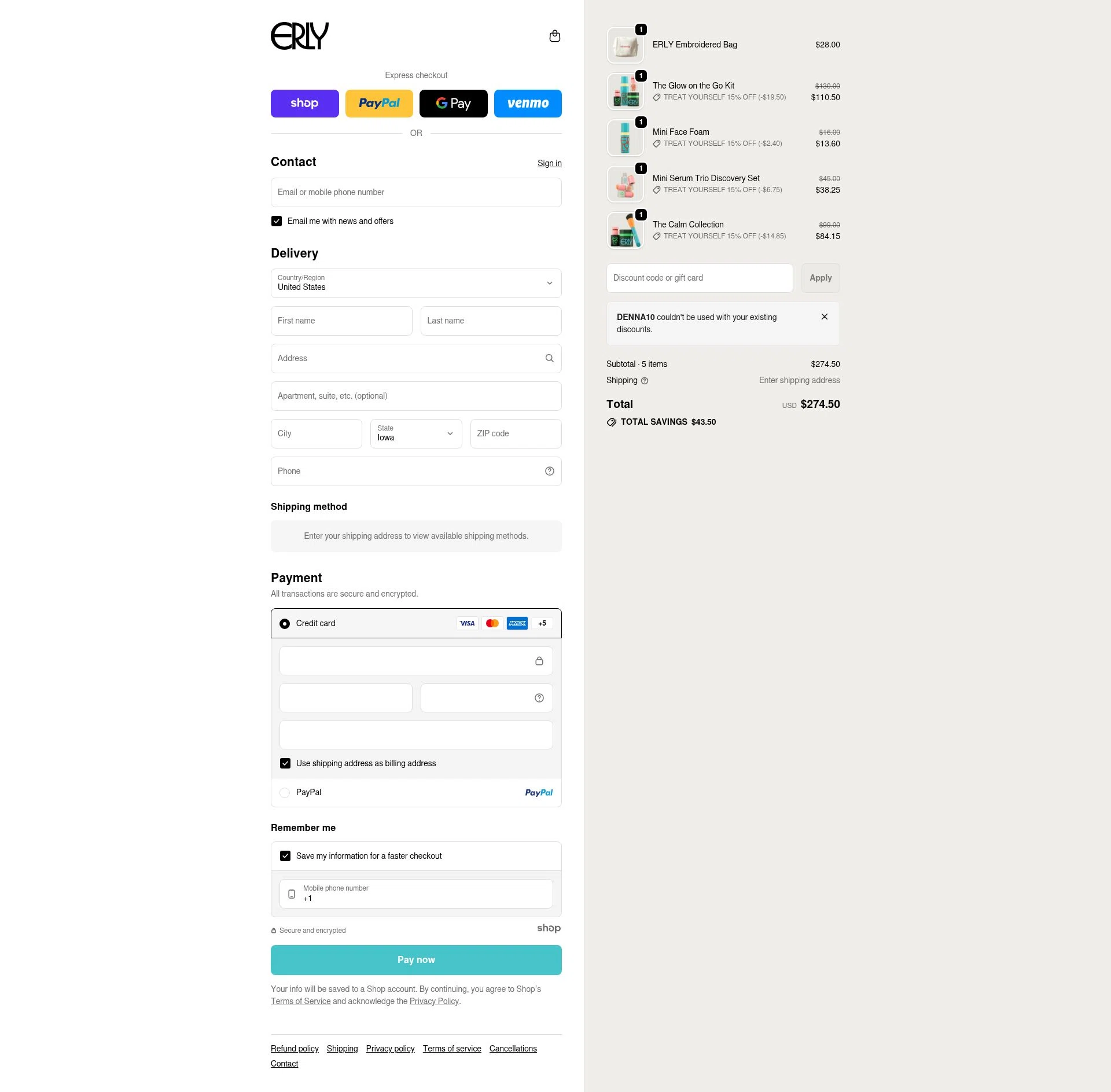 ERLY checkout page showing ERLY promo code box | Screenshot taken by SimplyCodes community member on Dec 28, 2025