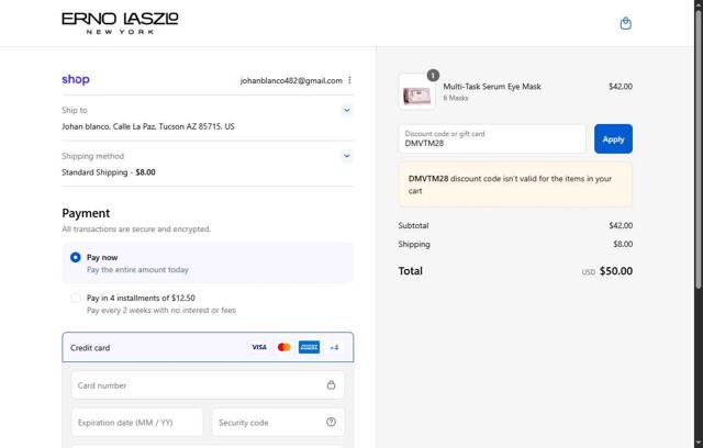 Erno Laszlo checkout page showing Erno Laszlo promo code box | Screenshot taken by SimplyCodes community member on Sep 10, 2025