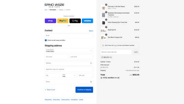 Erno Laszlo checkout page showing Erno Laszlo promo code box | Screenshot taken by SimplyCodes community member on Sep 13, 2025