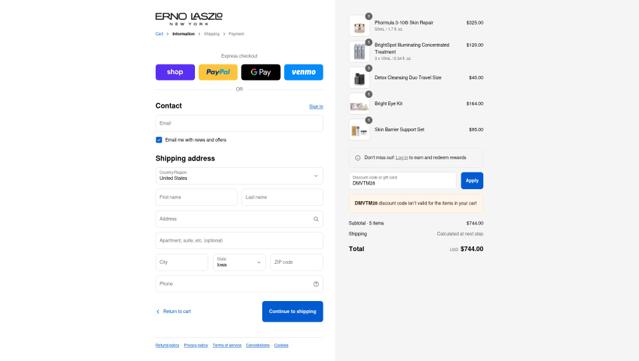 Erno Laszlo checkout page showing Erno Laszlo promo code box | Screenshot taken by SimplyCodes community member on Sep 13, 2025