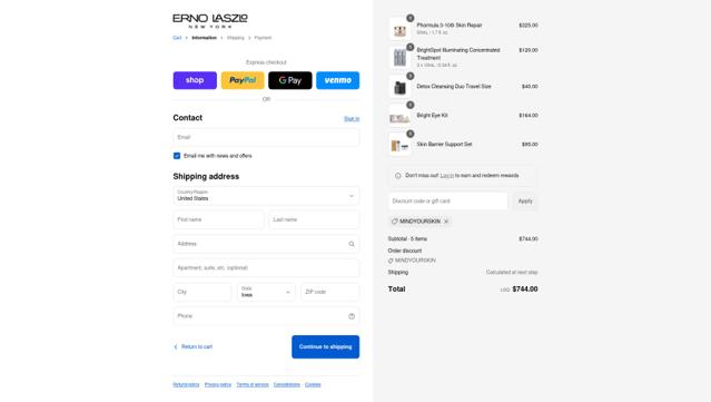 Erno Laszlo checkout page showing Erno Laszlo promo code box | Screenshot taken by SimplyCodes community member on Sep 13, 2025